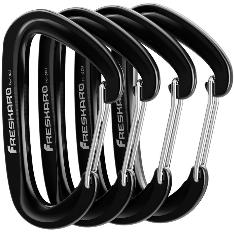 FresKaro Wiregate Carabiner Clip, 12kN(2698lbs), Suit for Backpacking Gear or as a Hiking Accessories - 4pack of Black D Ring Wire Gate Carabiners - Image 1